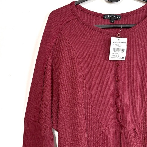 Gibsonlook Mixed Rib Waffle Knit Henley Top In Burgundy Women’s Size M NEW - Picture 5 of 11